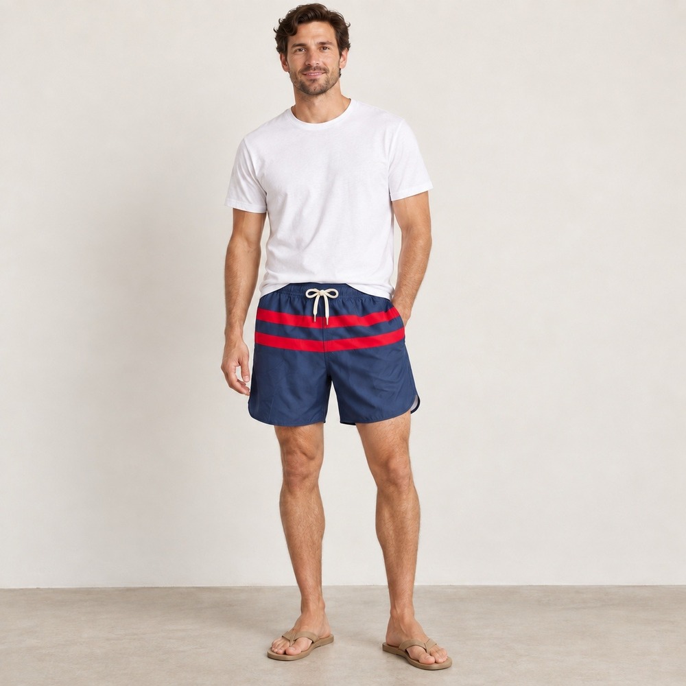 Fair Harbor Swim Trunks Mens M Navy Red Stripe Lined 8" Inseam Nautical